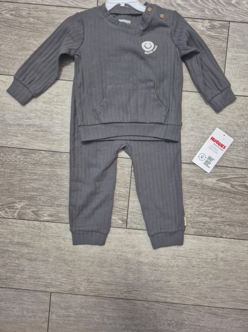 Huggies Loves & Hugs Gray Ribbed Baby Two-Piece Set with A " More Hugs" Graphic